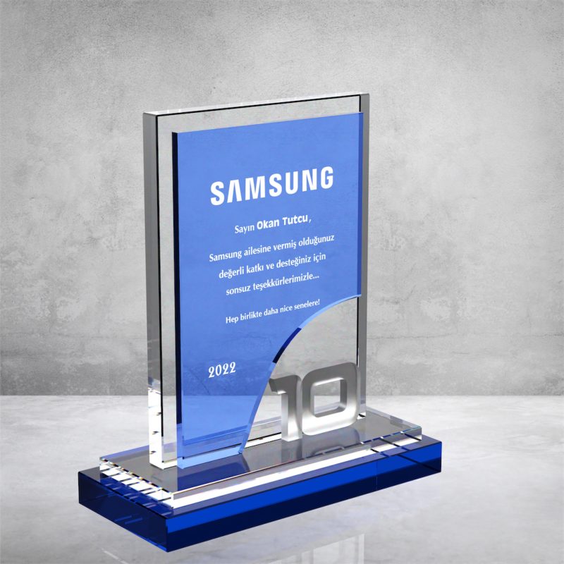 Mavi Camlı Kristal plaket